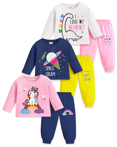 Kuchipoo Girl Regular Fit Cotton T-Shirts and Pyjamas Set (KUC-PSUT-170, 3-4 Years, Mul…