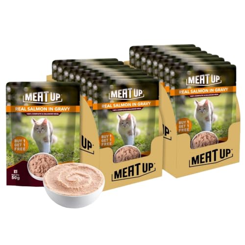 Meat Up Adult Wet Cat Food 16 Pouches × 50g, Total 800g | Real Salmon Fish in Gravy | S…