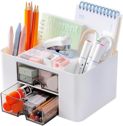 Recluse White Plastic Table Organiser,Desk Organiser with 5 Compartments and 2 Small Dr…