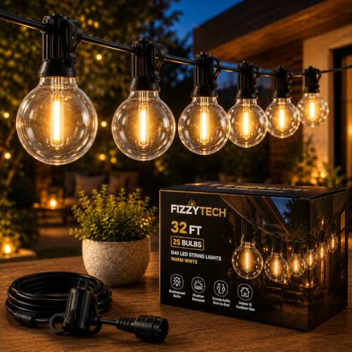 fizzytech Outdoor String Lights G40 LED Globe, 8 Meter (25 Feet) Warm White Waterproof…