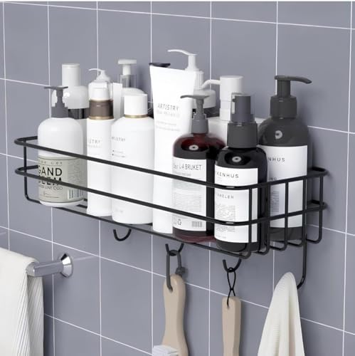 RERANT Self-Adhesive Bathroom Shelf with Hooks - Space-Saving Wall Mounted Shelf for Ba…