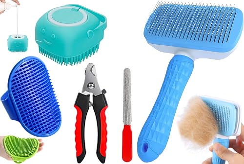 Sandra 4-in-1 Pet Grooming Kit for Dogs & Cats Includes Self Cleaning Brush, Cat Comb,…