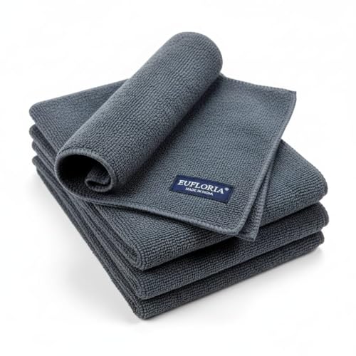 EUFLORIA Microfiber Cloth 4 PCS - 40×40- CM 340 GSM Grey, Thick Lint & Streak-Free Mult…