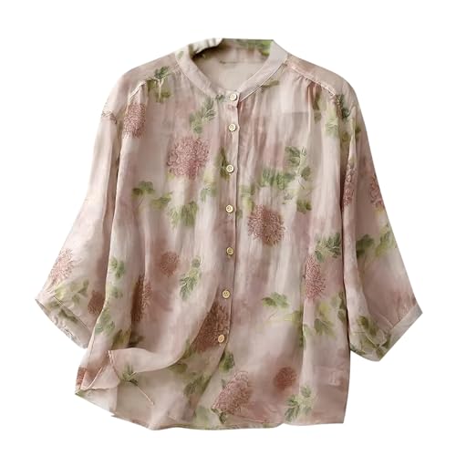 Gufrina Women’s Light Rose Floral Printed Button Down Shirt with Mandarin Collar and Re…
