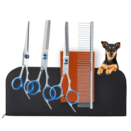 Amazon Basics Dog & Cat Grooming Kit - 4-Piece Stainless Steel Set with Thinning Shear,…