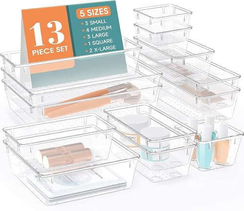 TENIDO Desk Drawer Organizer Tray, Transparent, 13pcs