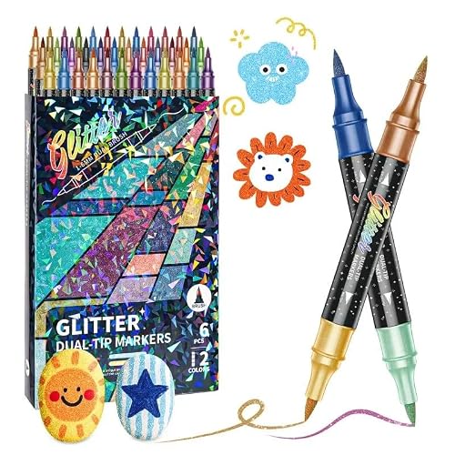 Amitasha 12 Color Shades Art Marker Glitter Brush Pen Set Soft Dual Tip Water-based Shi…