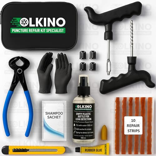 OLKINO 12-in-1 Tubeless Tyre Puncture Repair Kit for Cars & Bikes | Heavy-Duty T-Handle…