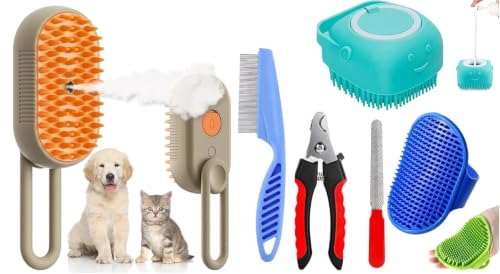 Bekin 6-in-1 Pet Grooming Set – 3-in-1 Steam Water Brush, Silicone Bath & Massage Tool,…