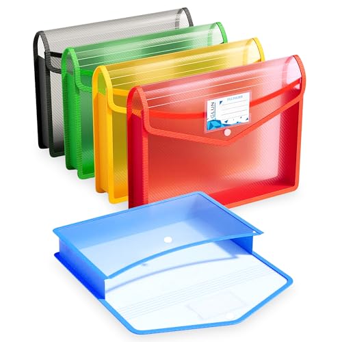 GLUN® Pack of 5 Multicolour Translucent File Folder Snap Button Locking System, A4 Carr…