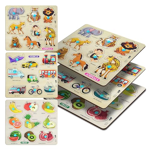 Lefan Wooden Puzzle Combo Set for Kids Vehicle, Fruit & Animal Knob Puzzles Montessori…