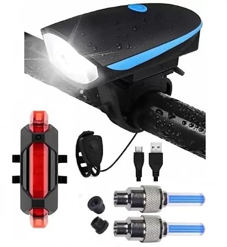 USB Rechargeable LED Bicycle Front Headlight with Horn + Rear Tail Light + 2 LED Tyre V…