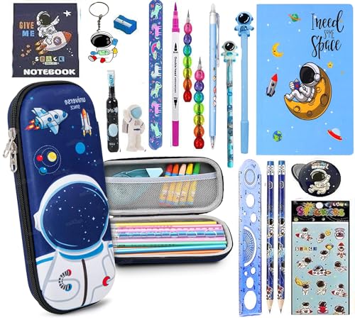 17 Pcs Space Stationery Gift Set for Kids 3D Large Capacity Pencil Case Pencil Pouch wi…