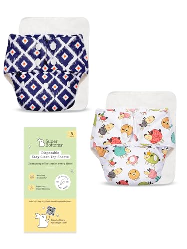 SuperBottoms BASIC Cloth Diaper Combo | 2 Reusable Diapers + 2 UltraThin Dry Pads + 5 D…