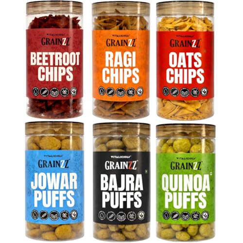 GRAINZZ Healthy Snack Combo Pack | 6 Jars | Ragi, Beetroot & Oats Chips + Jowar, Bajra…