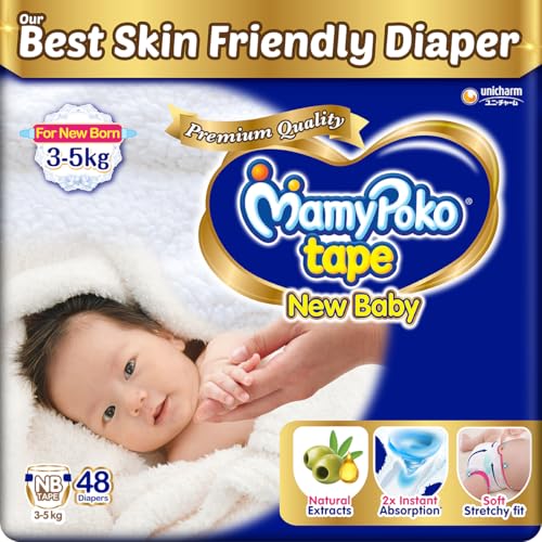 Mamypoko New Baby| Tape Style Baby Diapers, 48 Count, 3-5kg||2x Instant Absorption| Sof…