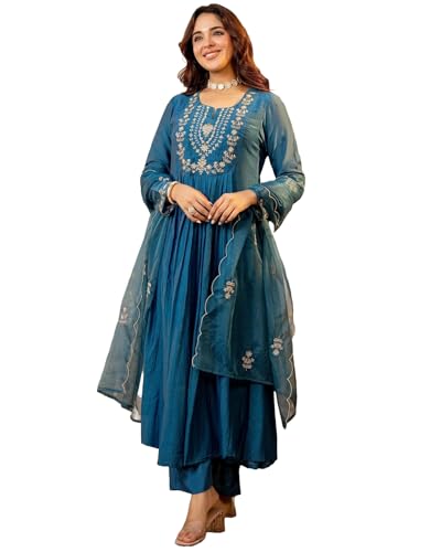 Nermosa Women Embroidery Solid A-Line Kurta and Pant Set with Dupatta (IN, Alpha, M, Mo…