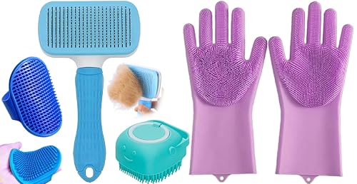 AVRIN 4-in-1 Pet Grooming Kit for Dogs & Cats | Includes Self-Cleaning Slicker Brush, S…