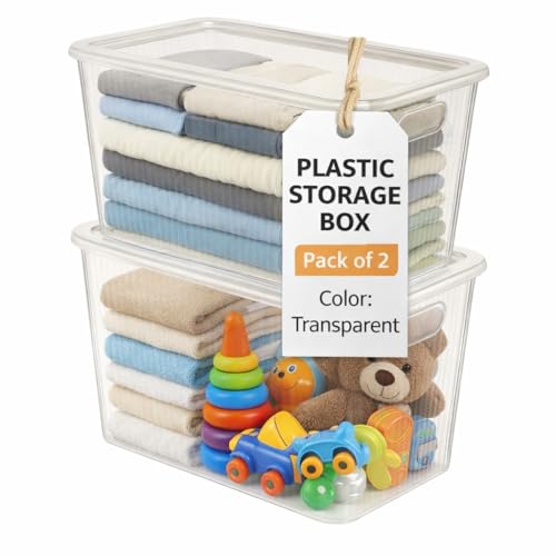 HOMENU Plastic Storage Box with Lid – Large Stackable Organizer Storage Box for Clothes…