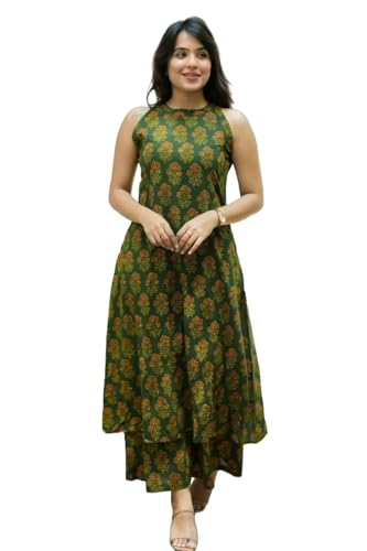 Nermosa Women Pure Cotton Kurta Palazzo Set | Sleeveless Printed Kurta with Palazzo Pan…