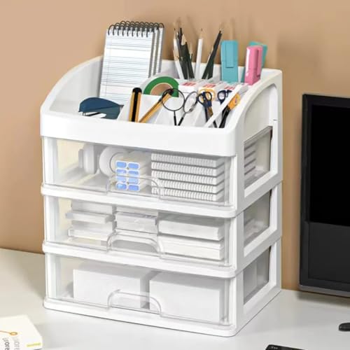Plastic Desk Organizer with Drawers | Multipurpose Tabletop Storage Cabinet with Top Tr…