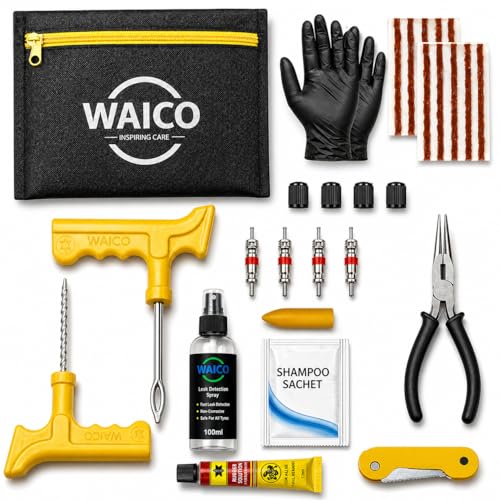 WAICO 13 in 1 Tubeless Tyre Puncture Kit | Reamer, Probe,10-Rubber Strips, Gloves, Plie…