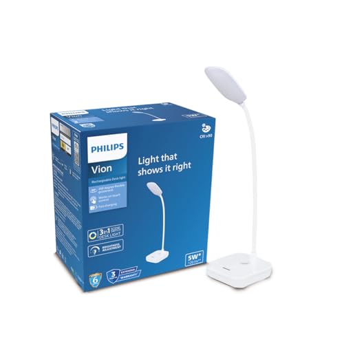 PHILIPS 5W VION White LED Desk Light | 3-in-1 Study & Table Lamp | EyeComfort Technolog…
