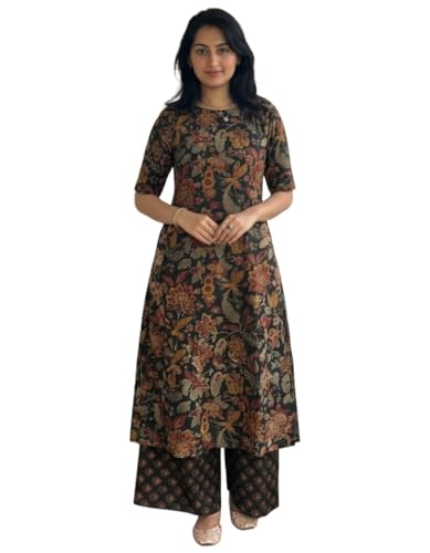 ANNI Designer Women's Viscose Blend Straight Printed Kurta with Palazzo (Vibhor Black_L…