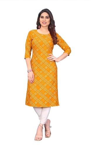 AK Fashion Mall Womens Yellow Crepe Kurti | Straight Fit | Knee-Length | Crew Neck | 3/…