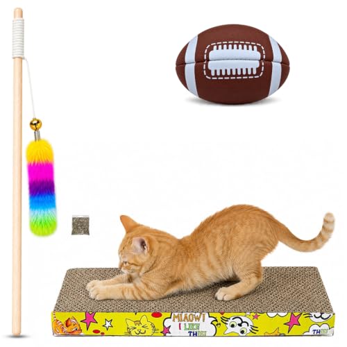 Emily Pets Cat Scratcher (Pack of 3) with Toys – Cardboard Scratch Pad, Feather Wand, a…