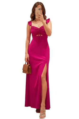 IUGA Women’s Ruched Maxi Dress with Side Slit | Stylish Bodycon Dress Magenta