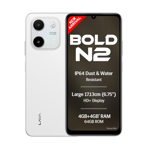 Lava Bold N2 (Siachen White, 4 GB RAM, 64 GB Storage) | 13MP AI Dual Rear Camera | Larg…