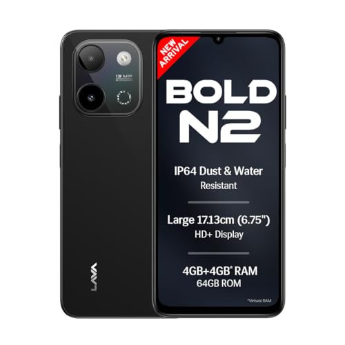 Lava Bold N2 (Indus Black, 4 GB RAM, 64 GB Storage) | 13MP AI Dual Rear Camera | Larges…
