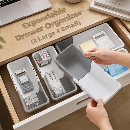 LIVINGBASICS 2L + 4S Expandable Drawer Organizers (White & Grey, Plastic)