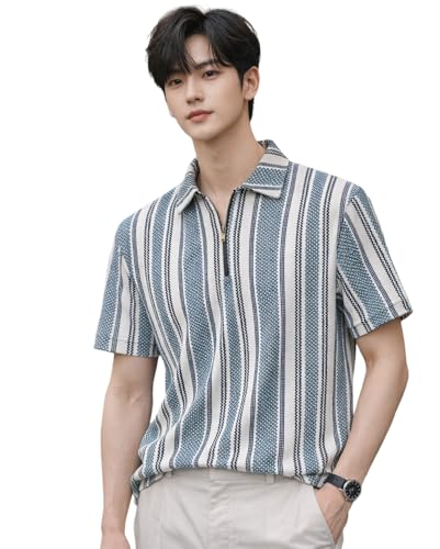 London Hills Men’s Loose Fit Half Sleeve Vertical Striped Polo T-Shirt with Zip Collar…