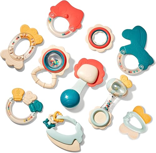 Cable World 10 pc Baby Rattles Teething Toys, Newborn Toys 6-12 Months, Teether Graspin…