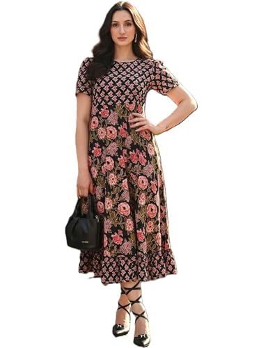 MASIYALA Women's Floral Print Maxi Dress, Black with Pink Flowers, Short Sleeve, A-Line…