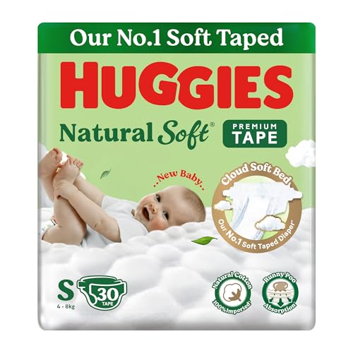 Huggies Natural Soft Premium Tape Diapers Small (S) Size, 4-8 kgs, 30 Count | Our No.1…