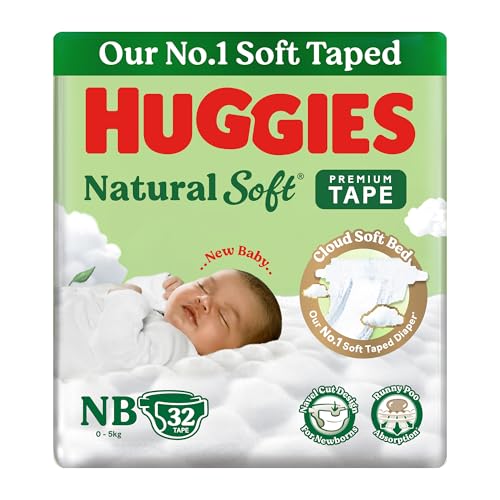 Huggies Natural Soft Premium Tape Diapers Newborn/Extra Small (NB/XS) Size, Upto 5 kgs,…