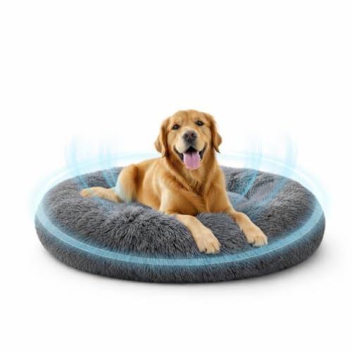 Plush Round Pet Bed for Dogs & Cats, Soft Cozy Donut Calming Bed with Raised Rim, Comfo…