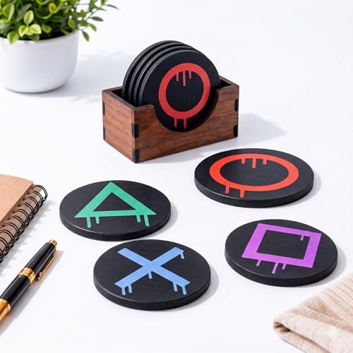 Gaming Theme Drink Coasters Set of 4 with Wooden Holder – Non-Slip MDF Cup Pads for Tab…