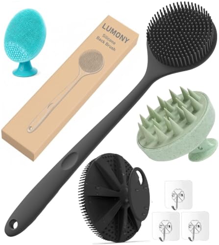 LUMONY® Soft Silicone Bath Brush Set | Long Handle Back Scrubber + Body Scrubber + Scal…