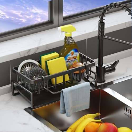 BELOXY Metal Sponge Holder for Kitchen – Auto-Draining Organizer Caddy with Soap Tray,…