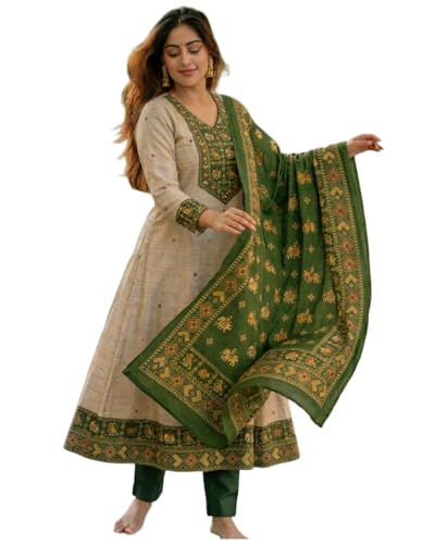 ANNI DESIGNER Women's Viscose A-Line Printed Kurta with Pant and Dupatta (Arnika Green_…