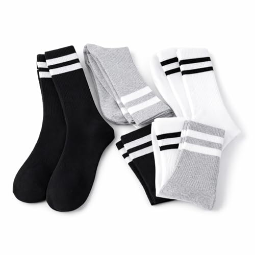 bahuzo Crew Athletic Socks for Men and Women, Striped, Black, White and Grey, for Gym,…