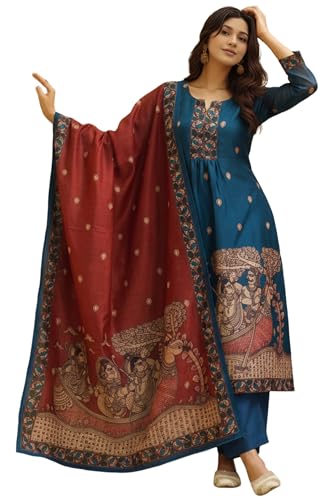 GoSriKi Women's Viscose A-Line Printed Kurta with Pant and Dupatta (Banditha Kerosin-GS…