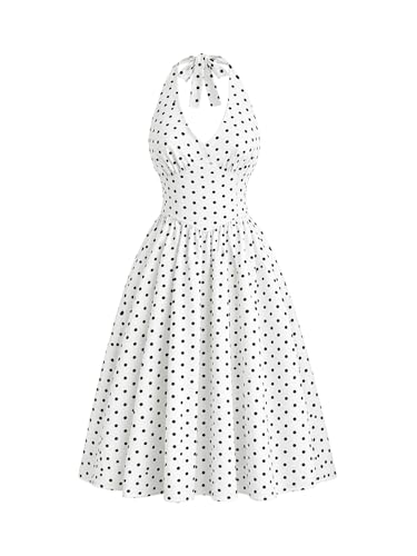 Aahwan White Polka Dots Halter Long Dress Backless A Line Flared Vintage Party Club Dre…