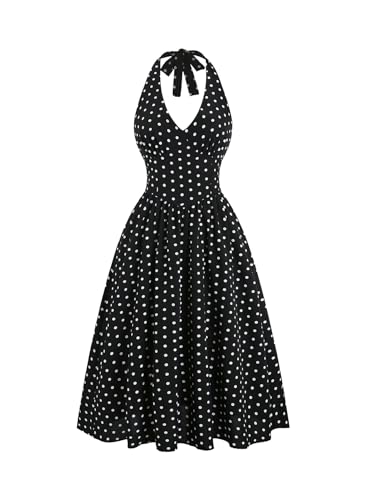 Aahwan Black Polka Dots Halter Long Dress Backless A Line Flared Vintage Party Club Dre…