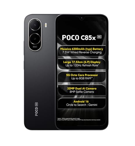 Poco C85x 5G Smartphone, Elite Black, 6.9 Inch Display, 32MP Dual AI Camera, 6300mAh Ba…