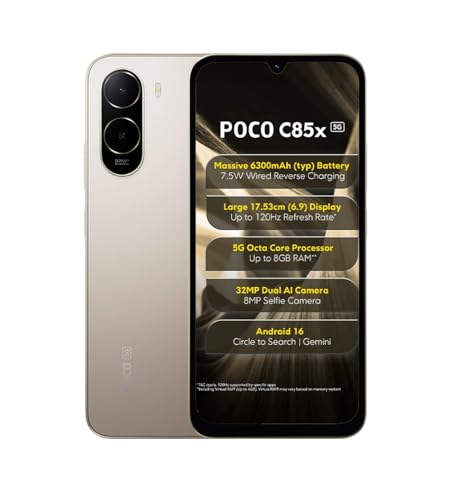 Poco C85x 5G Smartphone, Sunset Gold, 6.9 Inch Display, 32MP Dual AI Camera, 6300mAh Ba…